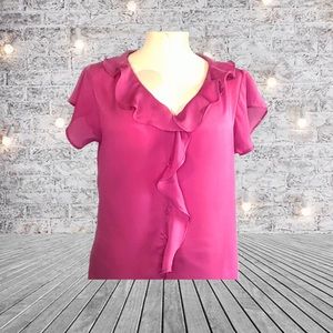 🌸EUC LIZ CLAIBORNE Women's Pink Button-up Semi-Sheer Blouse with Ruffles, Sz M